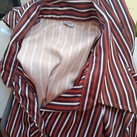 Large Vintage 80's Mom Striped Top Shirt Button-Up Blouse Stretch Polyester - Picture 6 of 7